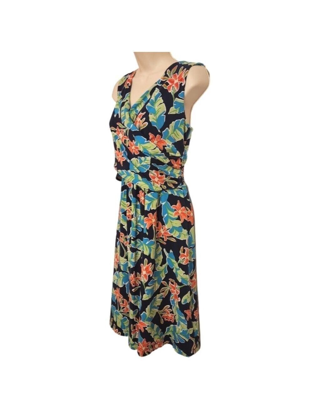 Lands End Green Black Floral Wrap A Line Dress Medium 10 12 - Picture 4 of 11